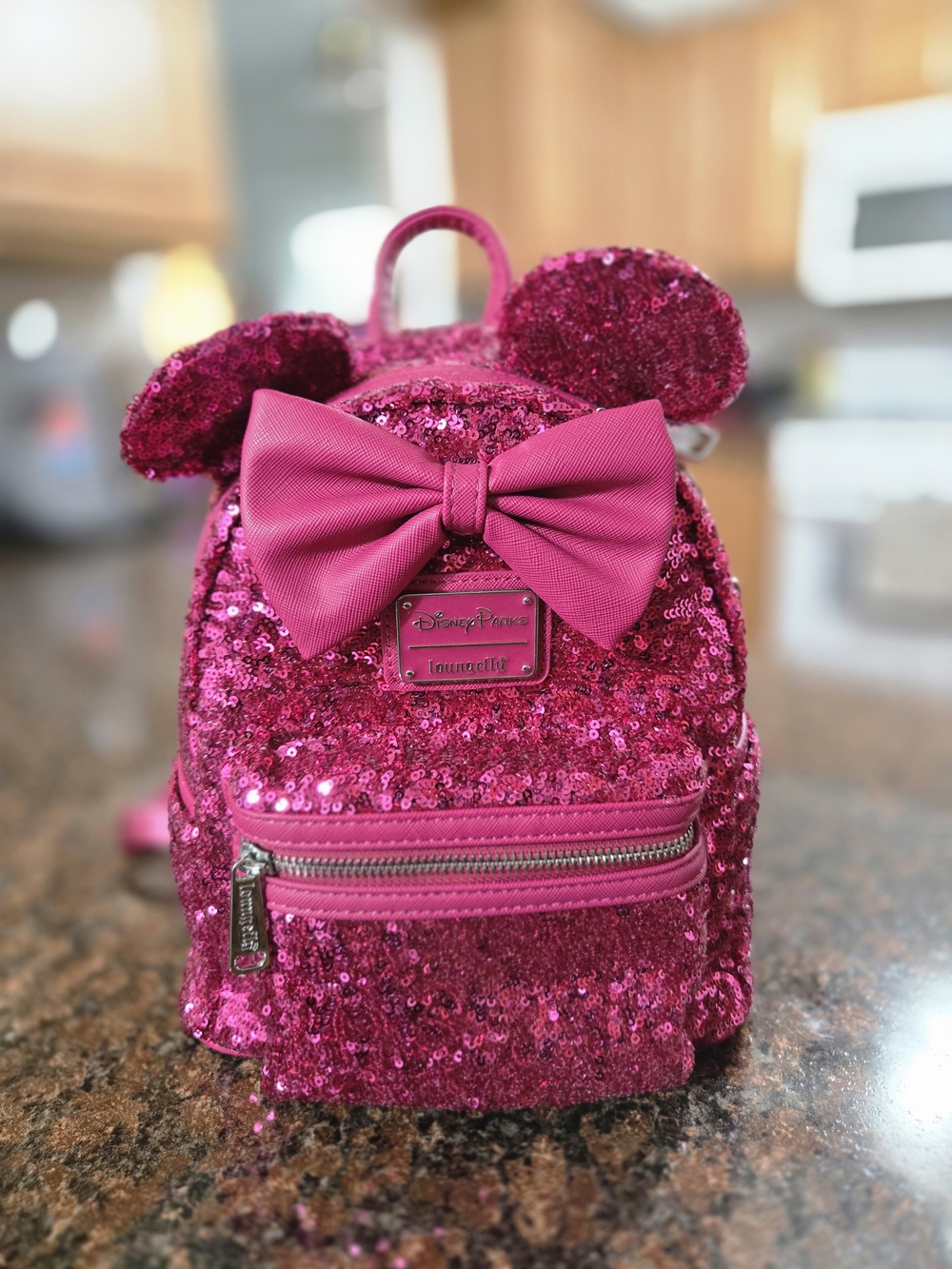 Loungefly Hot Pink Sequin Mini Backpack with Bow and Ears - Picture 1 of 2